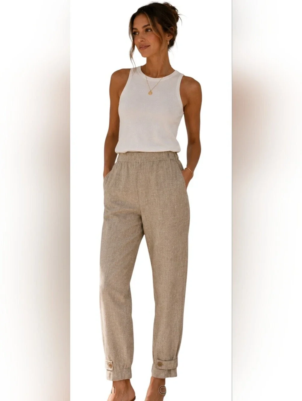 Zara ZW Collection Linen Blend Ankle Trousers NWT Taupe Beige XS